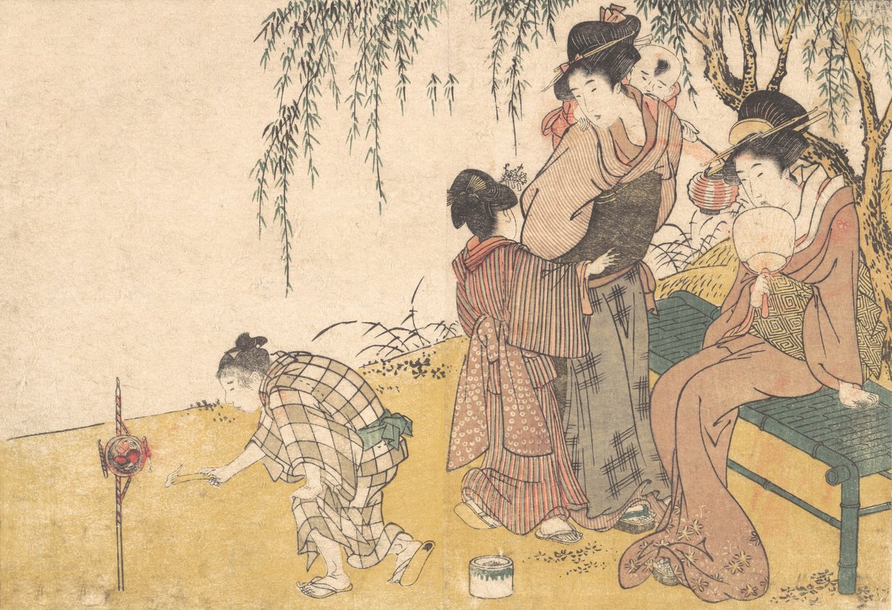 A Child Lighting Fireworks, fra den illustrerede bog Flowers of the Four Seasons, 1801. af Kitagawa Utamaro