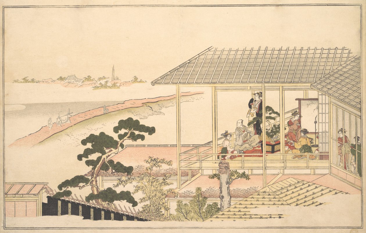 Et parti af glade mennesker i et hus i Yoshiwara på en måneskinsnat, 1789. af Kitagawa Utamaro