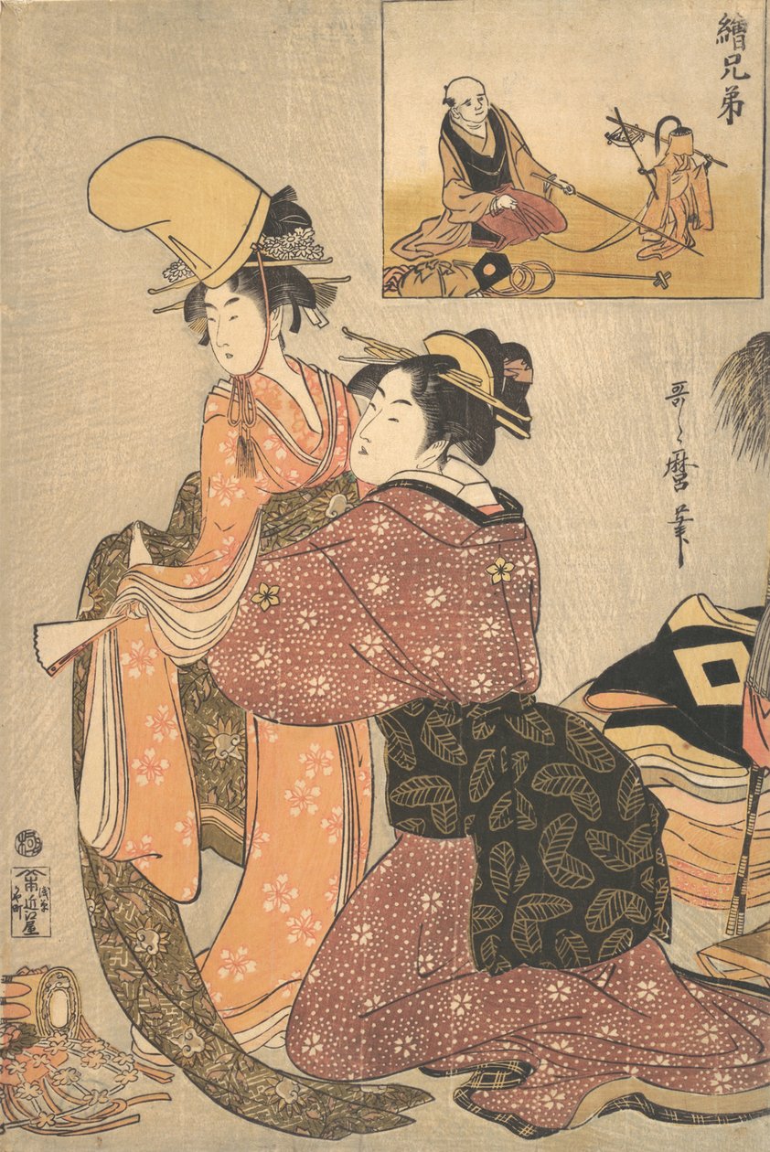 En kvinde, der klæder en pige på til en Kabuki-dans "Musume Dojoji..., ca. 1795-96. af Kitagawa Utamaro
