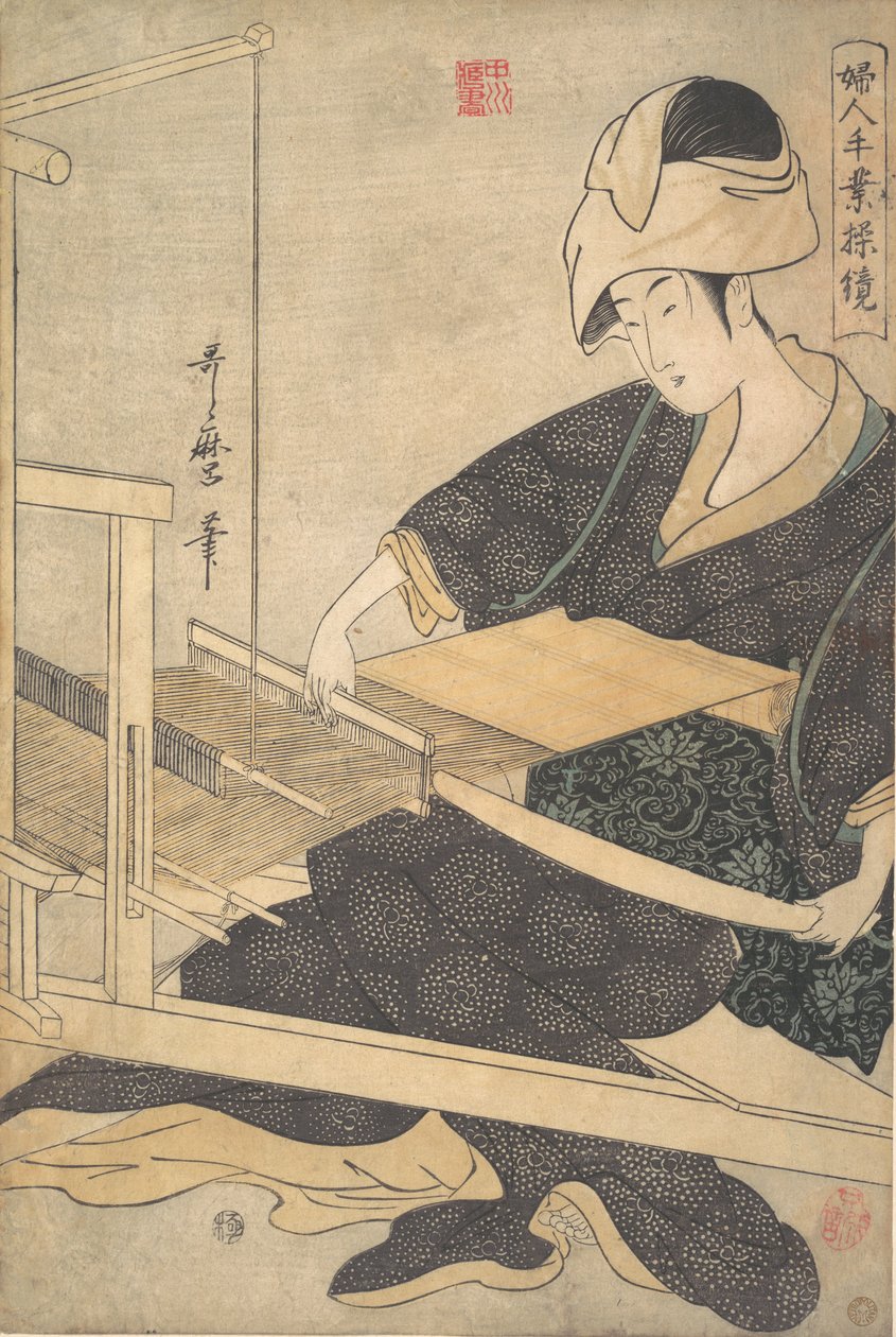 En kvinde, der væver, siddende ved en håndvæv, ca. 1796. af Kitagawa Utamaro