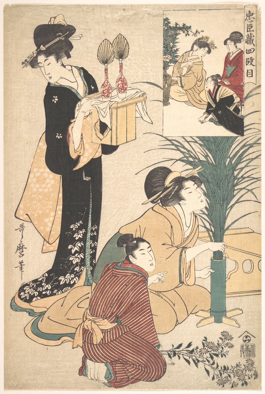 En kvinde og en mand arrangerer blomster til Tsukimi (månefesten) af Kitagawa Utamaro