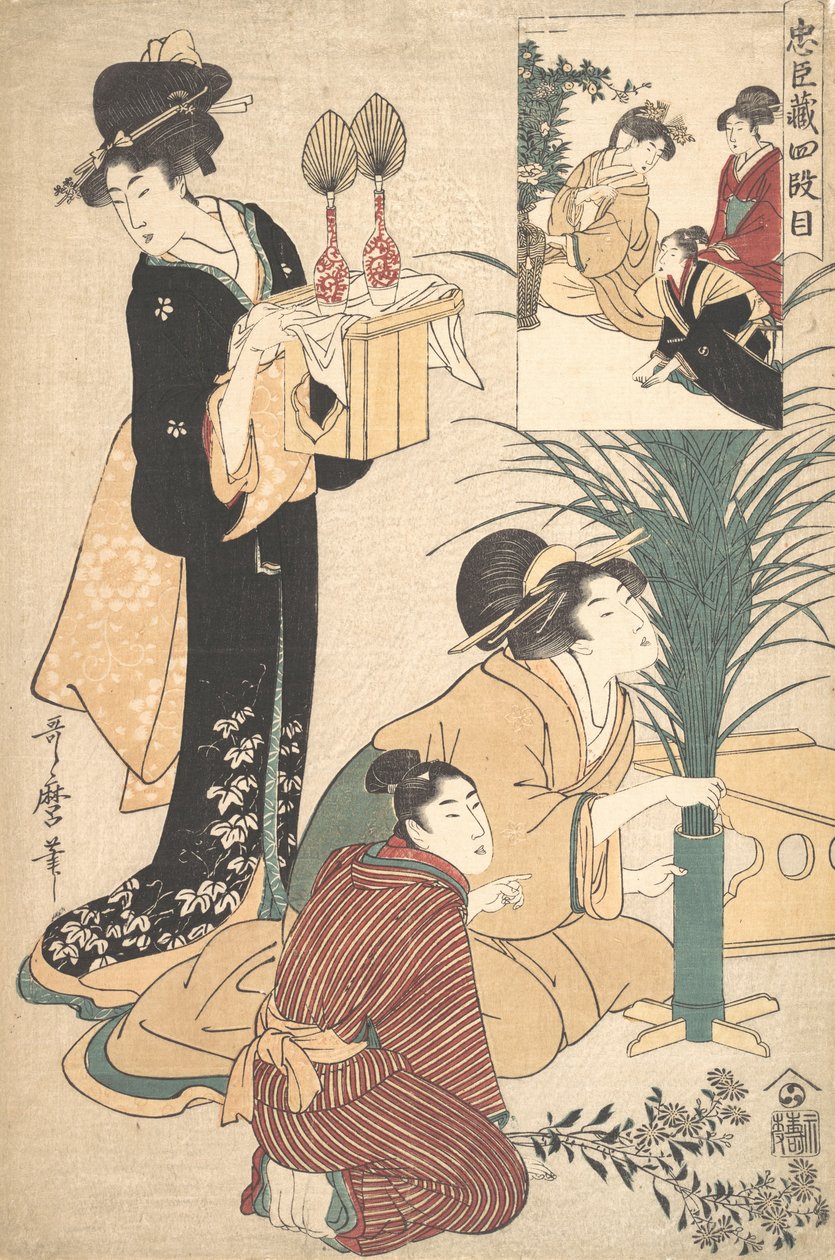 En kvinde og en mand arrangerer blomster til Tsukimi Moon Festival, 1802. af Kitagawa Utamaro