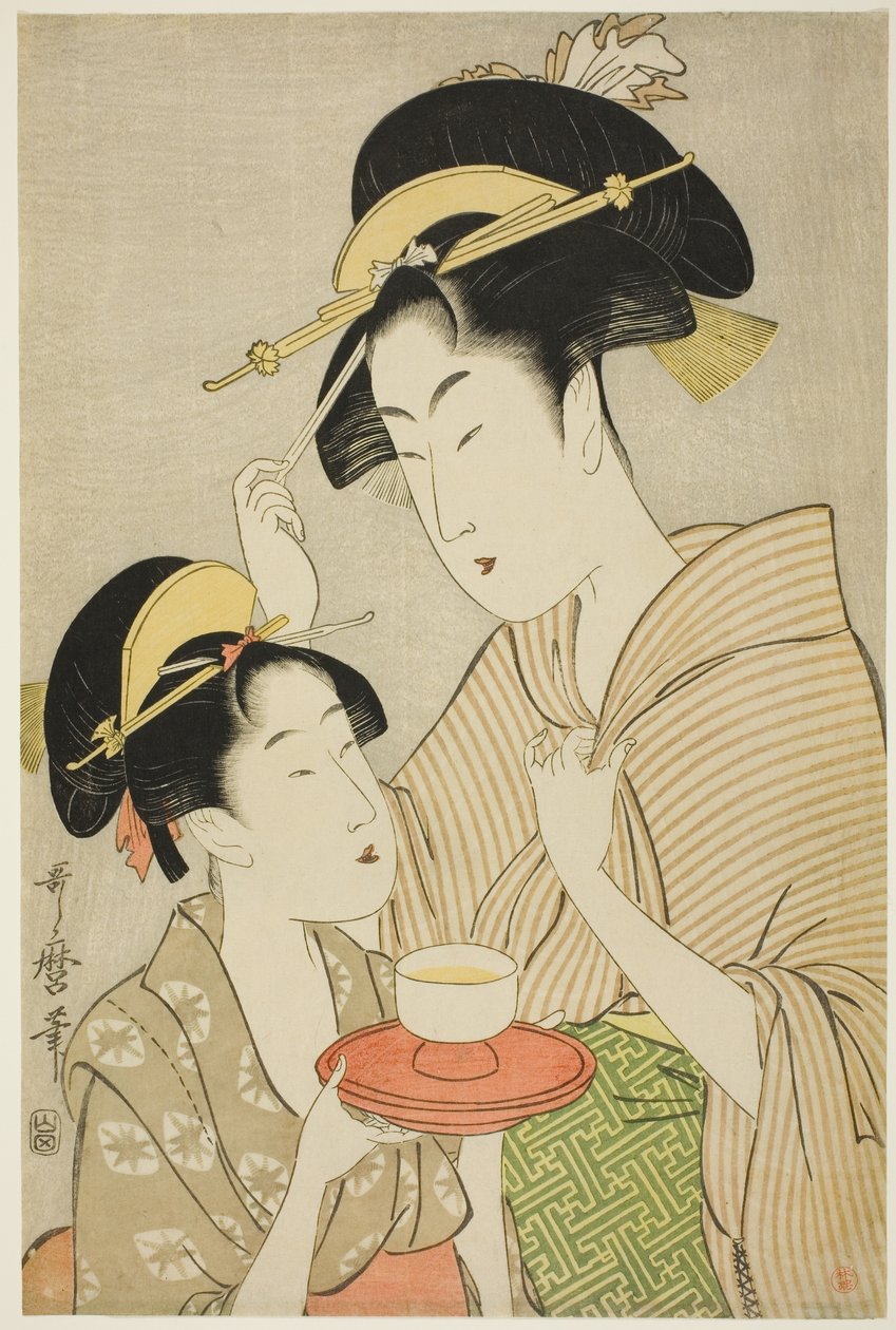 En ung pige, der tilbyder te til en anden kvinde af Kitagawa Utamaro