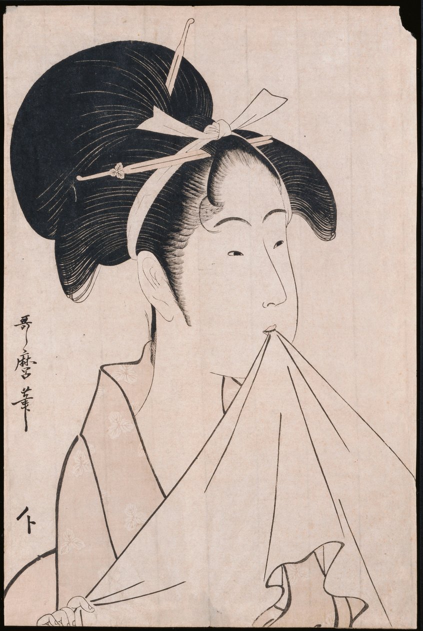 Et busteportræt af Okita af Naniwaya, der holder et håndklæde i tænderne og strækker tøjet af Kitagawa Utamaro