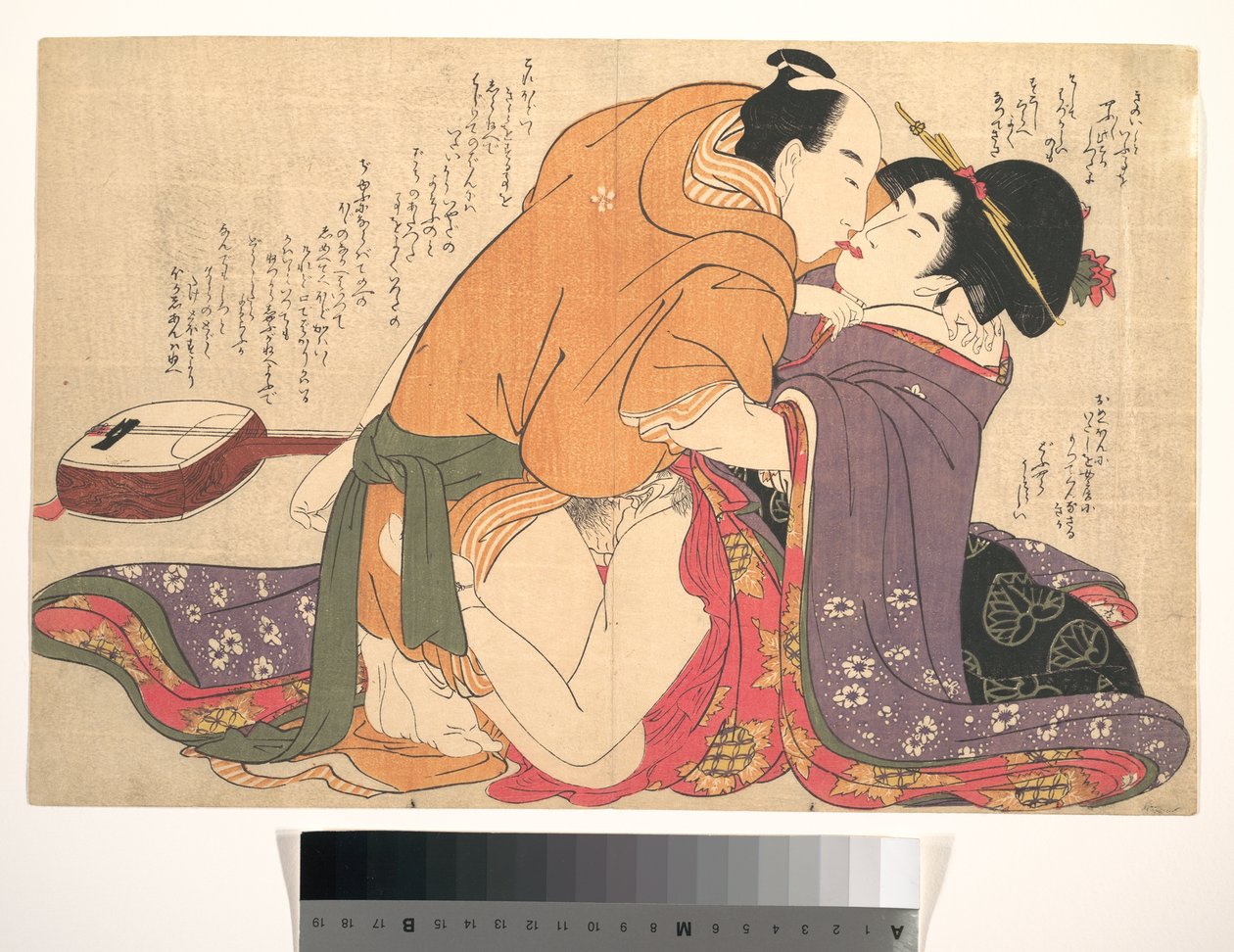 Et par, der elsker ved siden af en shamisen, et blad fra *Unravelling the Threads of Desire* (*Negai no ito-guchi*) af Kitagawa Utamaro
