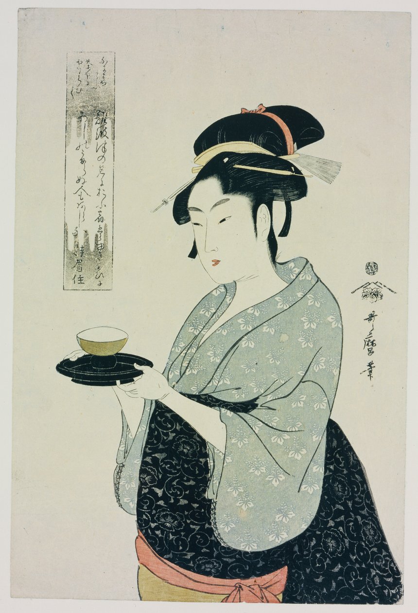 Et halvlængde portræt af Naniwaya Okita, der forestiller den berømte tehus-servitrice, der serverer en kop te af Kitagawa Utamaro