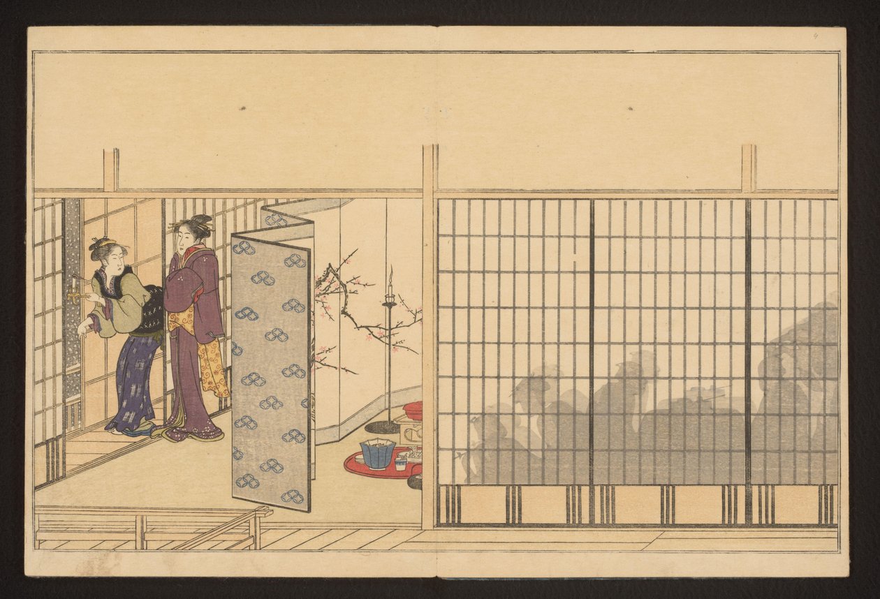 En fest i et hus med to kvinder til venstre af Kitagawa Utamaro