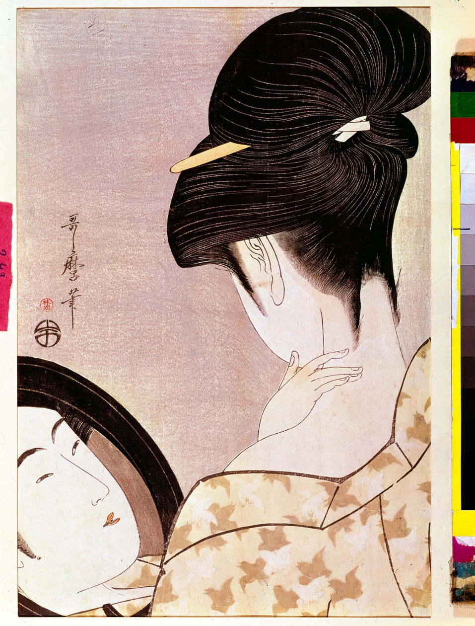 En kvinde, der forstærker sin hals med japansk skyggetryk af Utamaro Kitagawa (1753-1806) - Søn 0,37x0,22 m - 1795-1796 - Paris, Musee Guimet, Musee national des Arts Asian af Kitagawa Utamaro