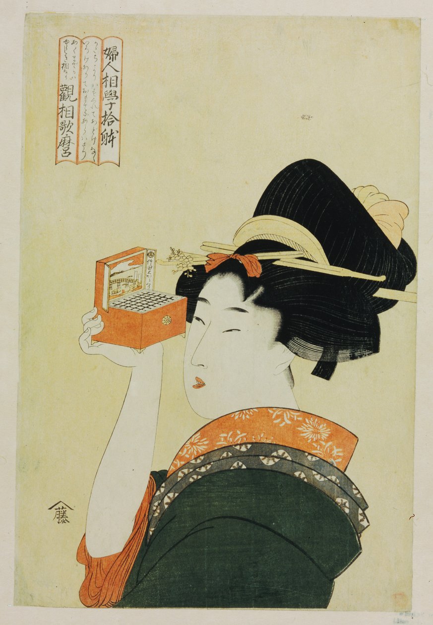 En ung pige kigger gennem en Nozoki Megane, "Magic Lantern", fra serien "Ten Forms of Feminine Physiognomies" af Kitagawa Utamaro