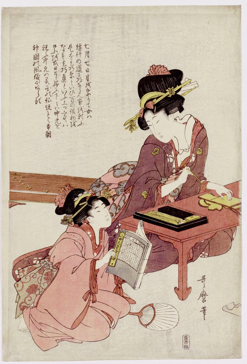 En ung kvinde sidder ved et skrivebord og skriver, en pige med en bog ser på af Kitagawa Utamaro