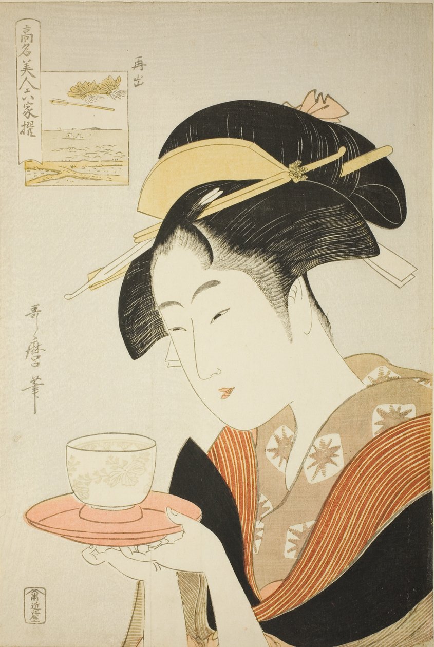 Viser sig igen: Naniwaya Okita, fra serien "Renowned Beauties Likened to the Six Immortal Poets" ("Komei bijin rokkasen") af Kitagawa Utamaro