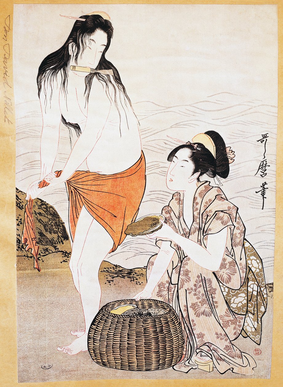Awabi (bløddyr) fiskere i vand, ukiyo-e kunsttryk af Kitagawa Utamaro (1753-1806), træsnit, japansk civilisation, Edo-periode af Kitagawa Utamaro