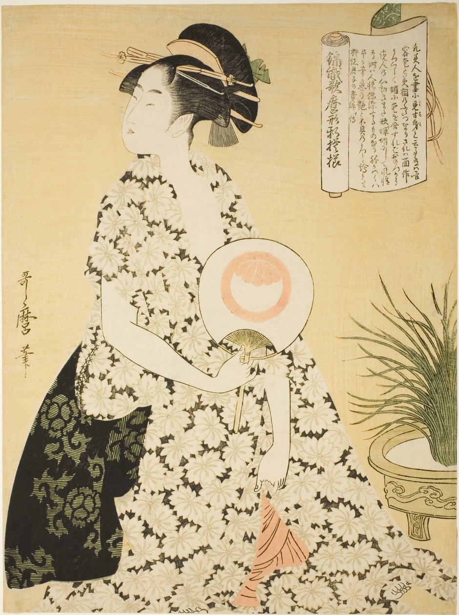 Beauty Wearing a Summer Kimono, fra serien "New Patterns of Brocade Woven in Utamaro Style" ("Nishiki-ori Utamaro-gata-shinmoyo") af Kitagawa Utamaro
