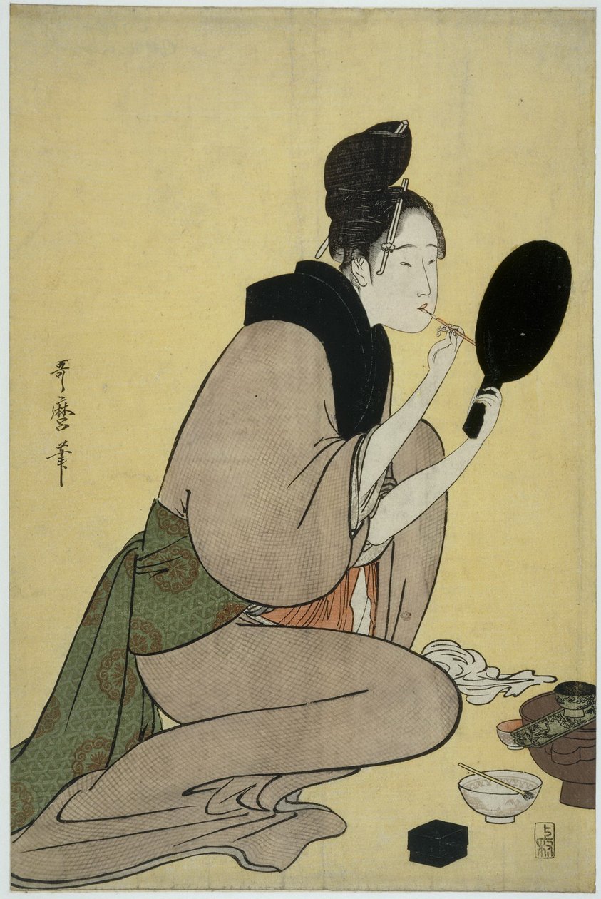 Bijin-ga. Pige lægger makeup på sine læber af Kitagawa Utamaro
