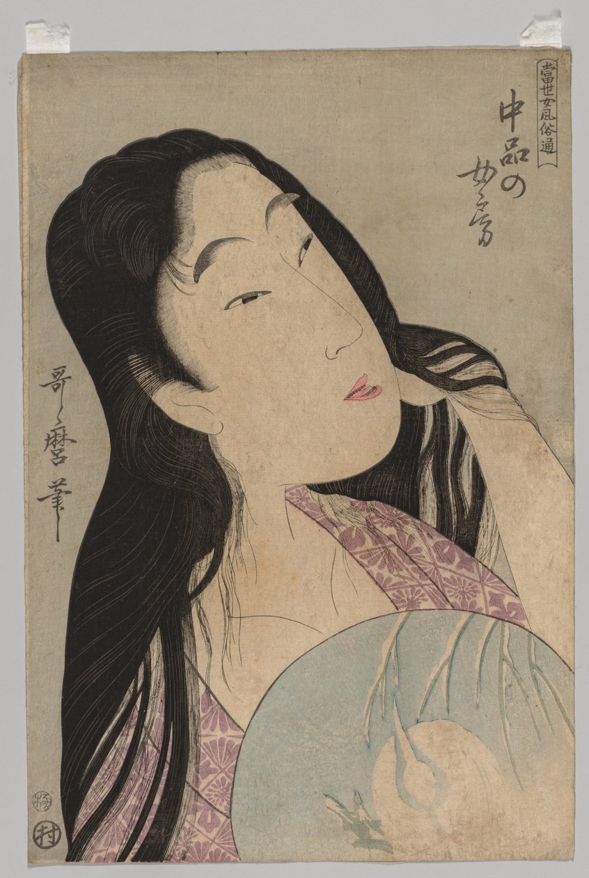 Buste af kvinde med løst hår holder fan af Kitagawa Utamaro