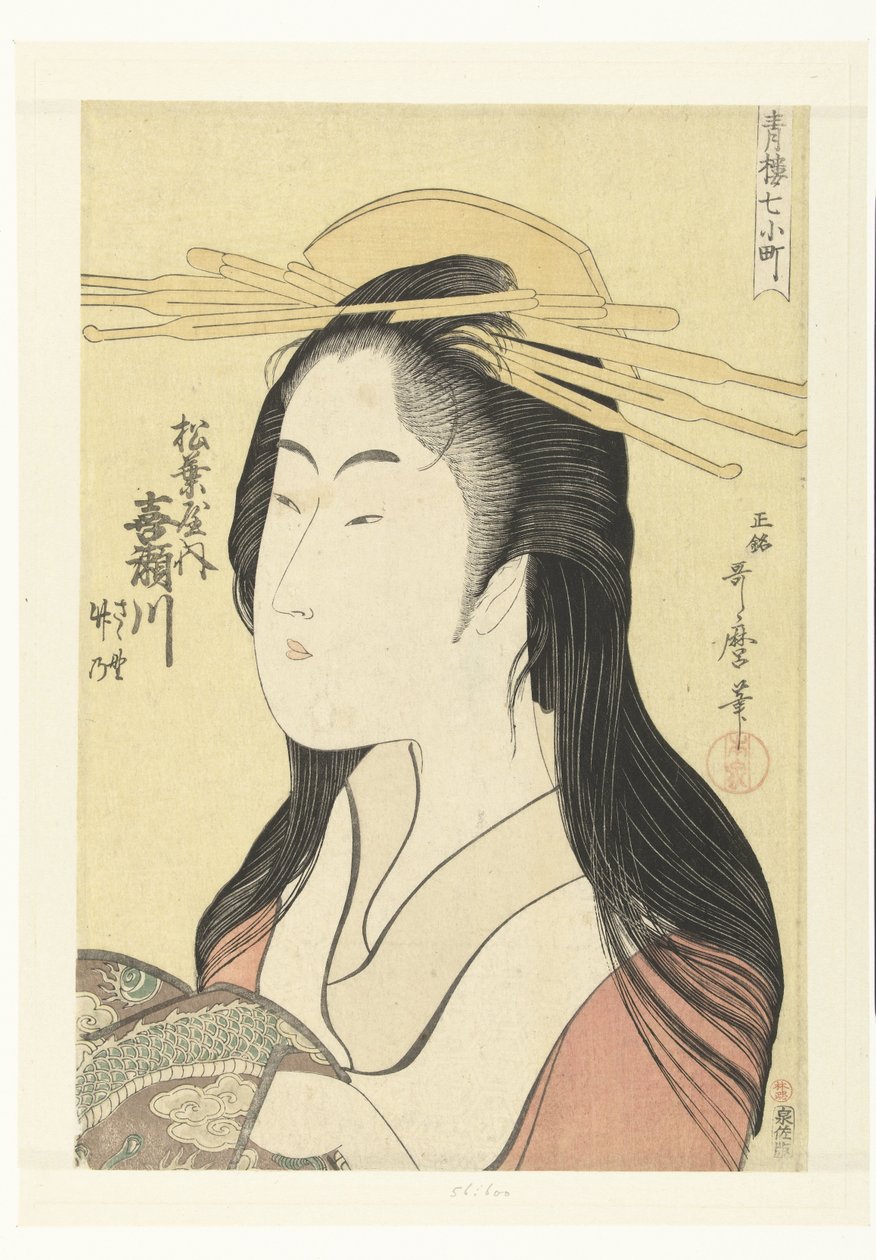 Busteportræt af kurtisanen Kisegawa fra Matsubaya-huset. Matsubaya uchi Kisegawa (titel på objekt) De syv Komachi fra lysthusene (serietitel) Seiro nana Komachi (serietitel på objekt) af Kitagawa Utamaro