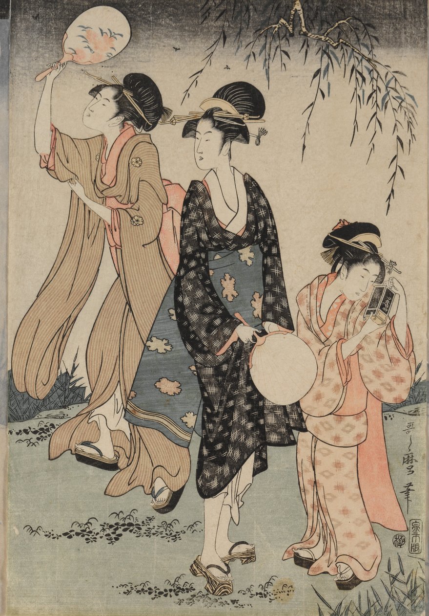At fange ildfluer under et piletræ (i midten) af Kitagawa Utamaro