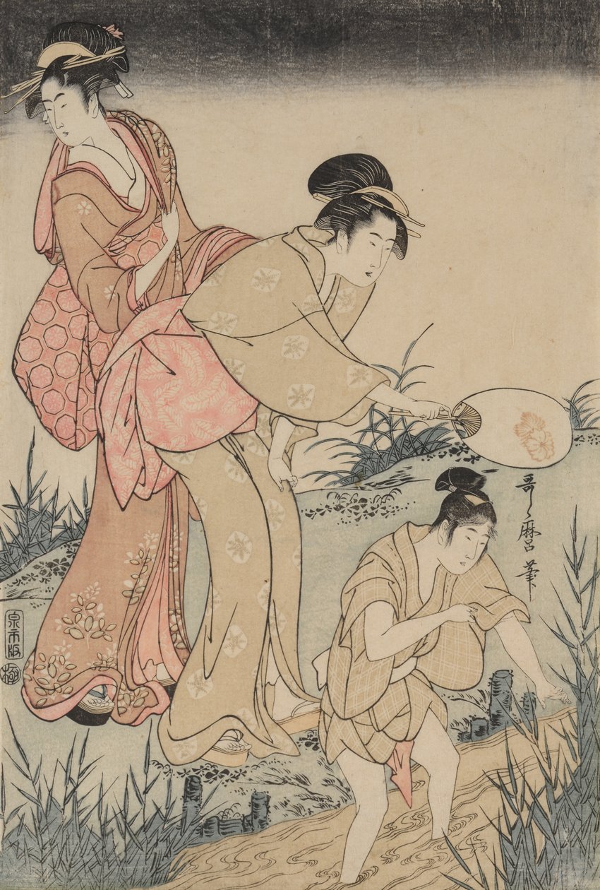At fange ildfluer under et piletræ (til højre) af Kitagawa Utamaro