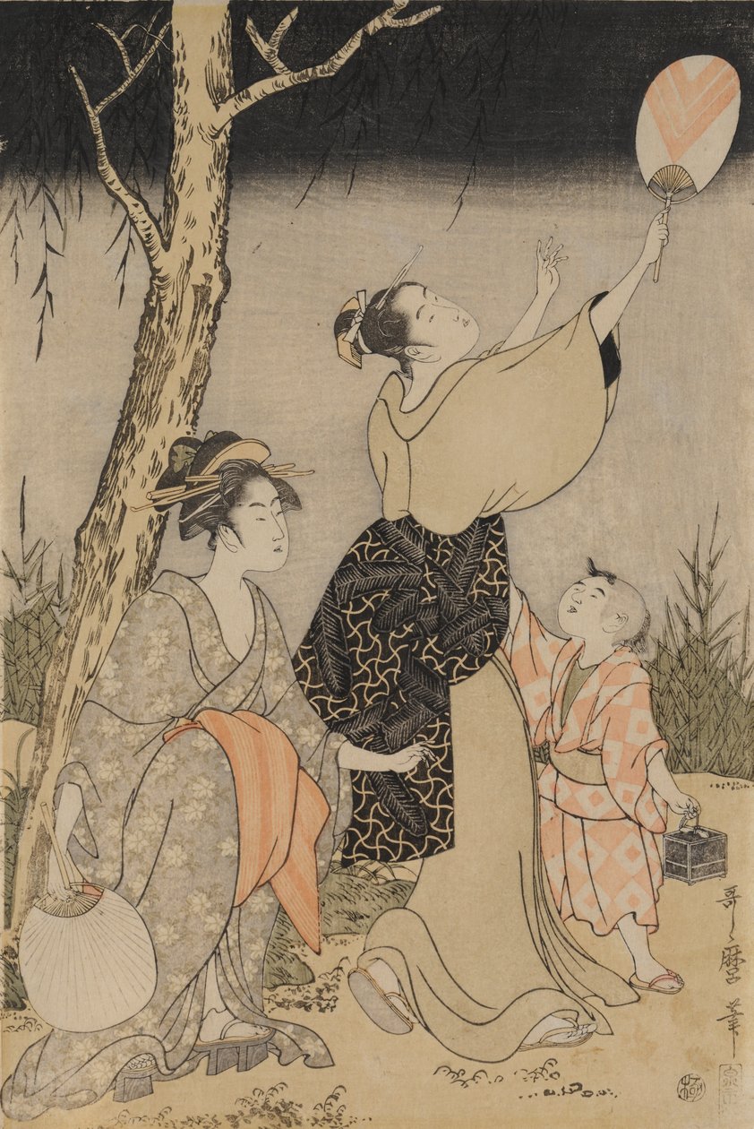 At fange ildfluer under et piletræ til venstre, ca. 1796-1797. af Kitagawa Utamaro