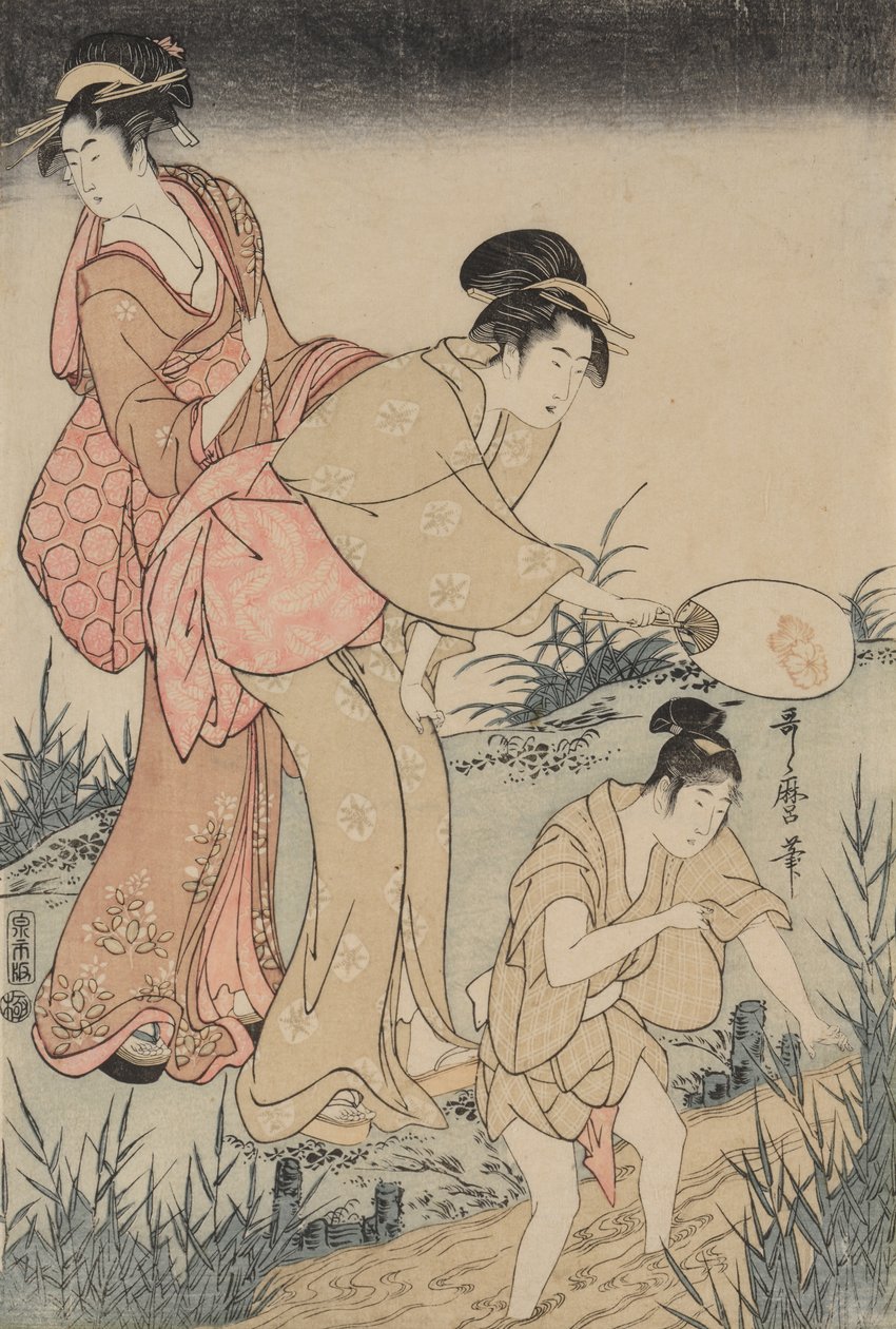 At fange ildfluer under et piletræ til højre, ca. 1796-1797. af Kitagawa Utamaro