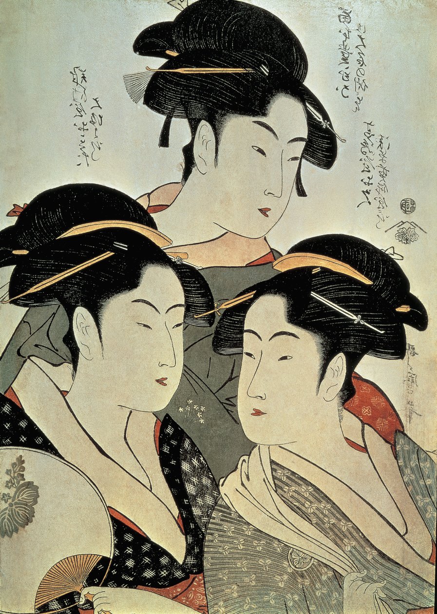 Nærbillede af et maleri af tre kvinder, Kitagawa Utamaro, Kansei-æraen, Japan af Kitagawa Utamaro