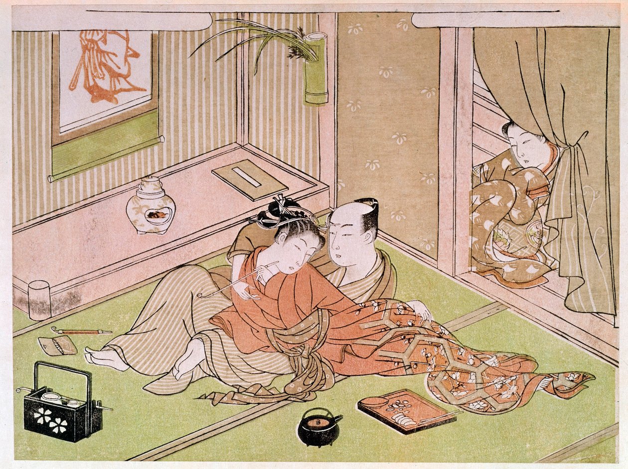Par, der kærtegner sig under blikket af det japanske håndmain-tryk af Utamaro Kitagawa (1753-1806). 1700-tallet. Paris, Guimet-museet, Nationalmuseet for asiatisk kunst af Kitagawa Utamaro