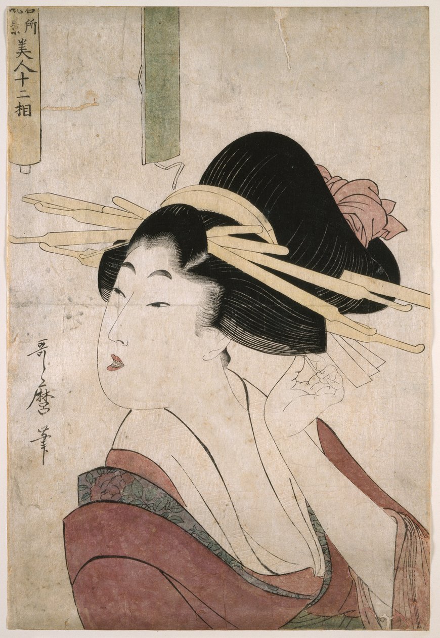 Courtesane sætter en nål i håret (uden en inskription i den delvist udrullede rulle) af Kitagawa Utamaro