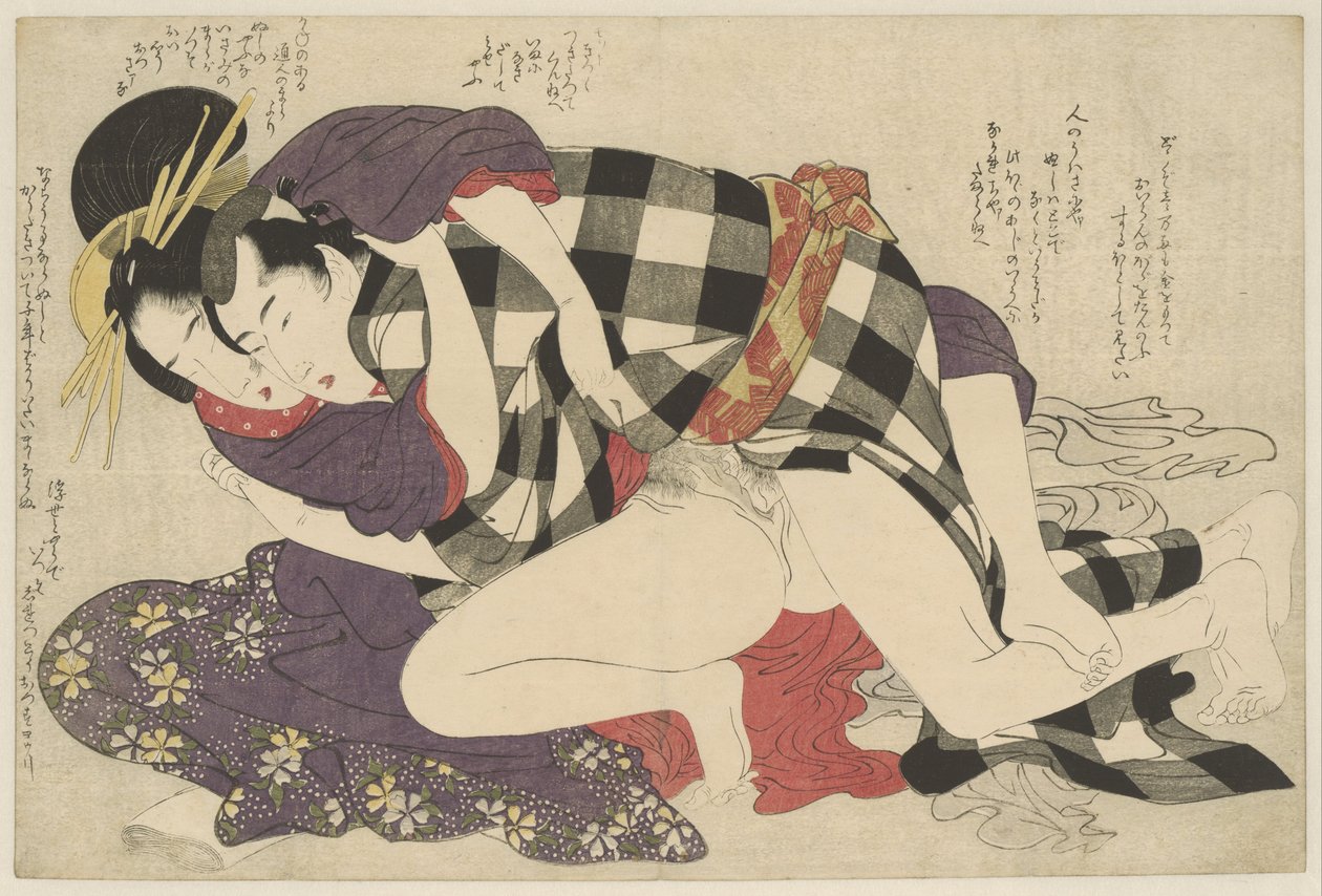 Courtesane med en klient Hoogeplaatste courtisane met klant Negai no itoguchi (serietitel) af Kitagawa Utamaro
