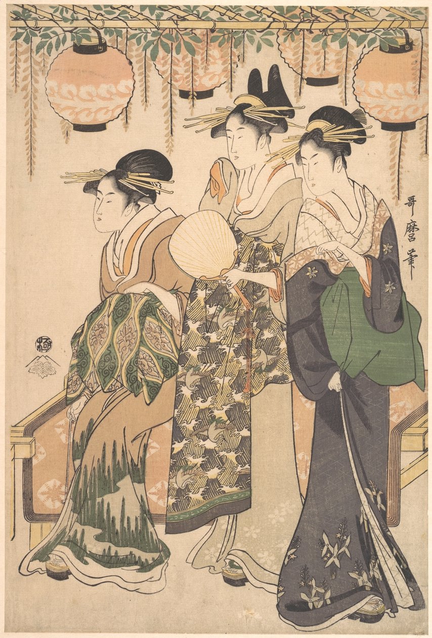 Kurtisaner under en blåregnsløvhytte af Kitagawa Utamaro