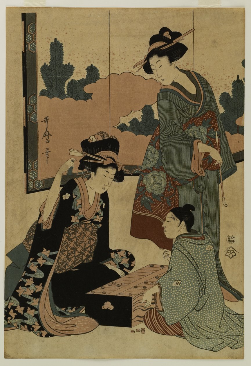 Kurtisaner, der spiller brætspil af Kitagawa Utamaro