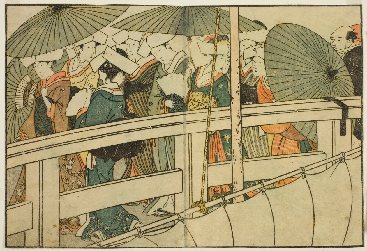 Crossing a Bridge in Summer, fra den illustrerede bog "Picture Book: Flowers of the Four Seasons (Ehon shiki no hana)," vol. 1 af Kitagawa Utamaro