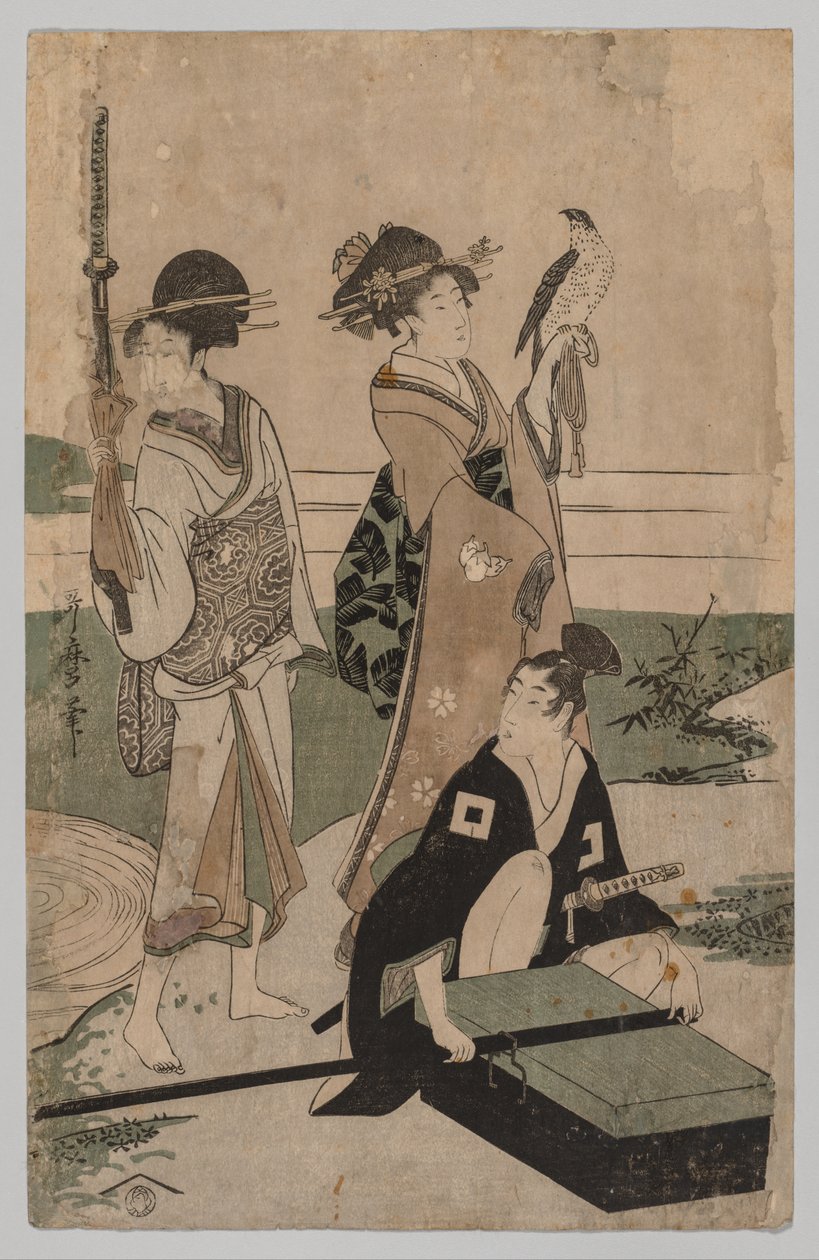 Daimyō og hans følge krydser en strøm i sletten nær Fuji af Kitagawa Utamaro