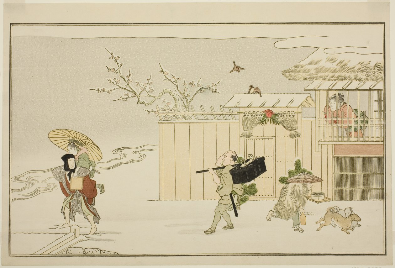 Levering af nytårsgaver i sneen fra den illustrerede kyoka-antologi "The Young God Ebisu (Waka Ebisu)" af Kitagawa Utamaro