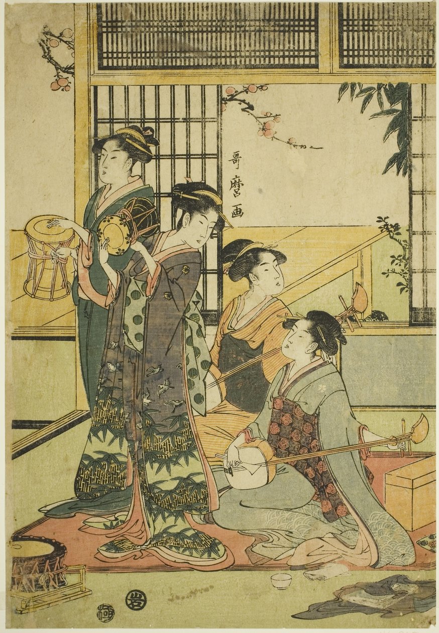 Trommer og Shamisen (træblok i farver; aiban) af Kitagawa Utamaro