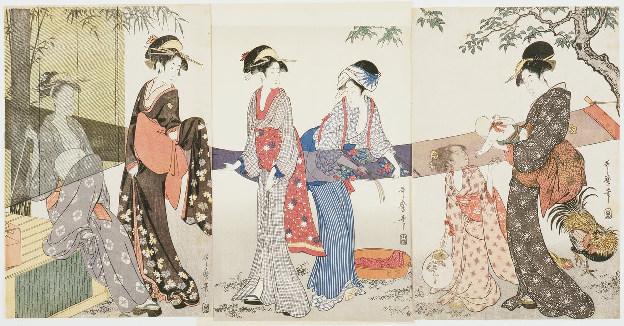 Tørring og udspænding af stof af Kitagawa Utamaro