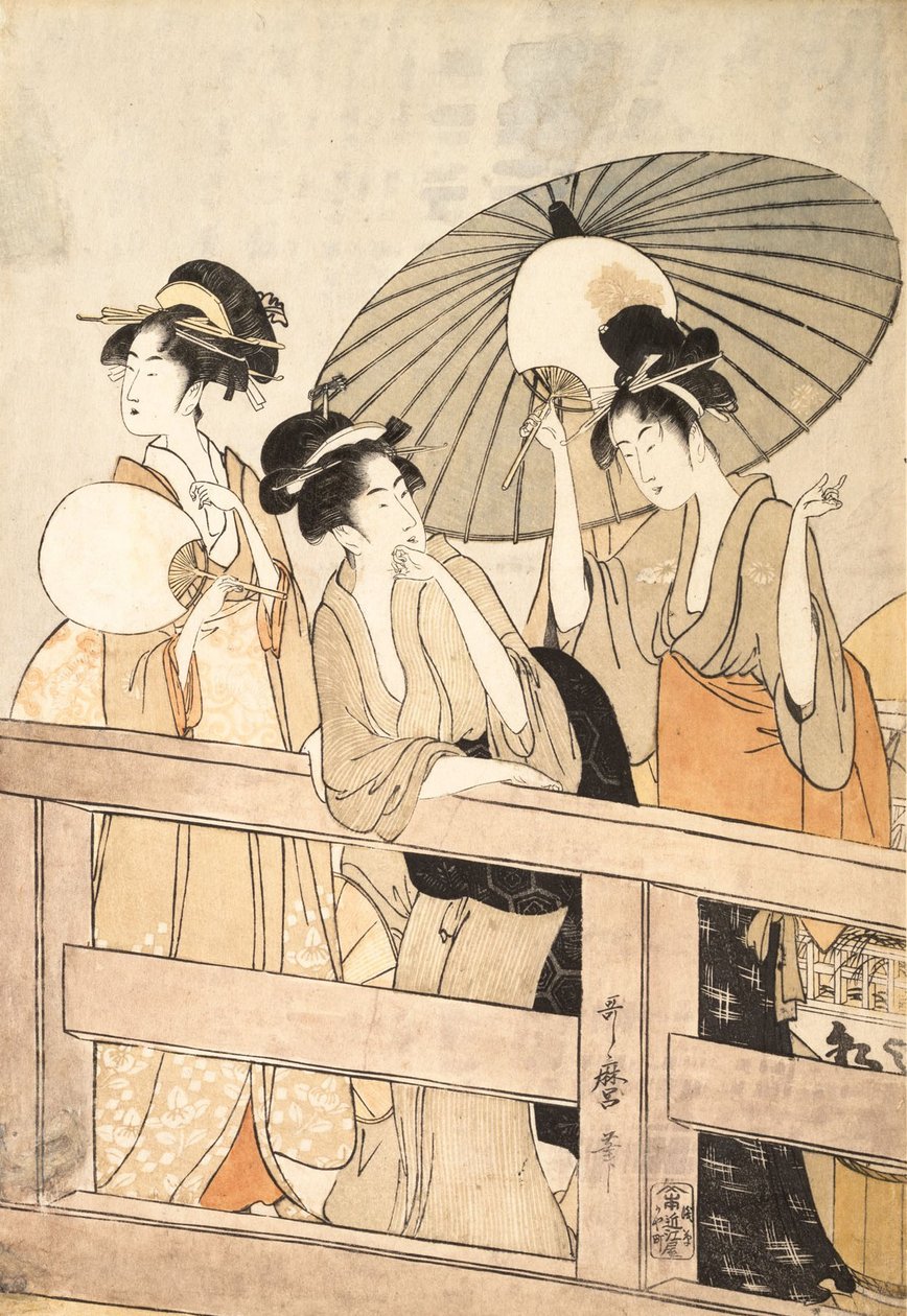 Nyder den kølige aftenbrise på og under broen, ca. 1800. af Kitagawa Utamaro