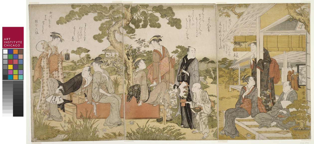 Nyder det kølige i en have, Oban triptykon, ca. 1788-90 af Kitagawa Utamaro