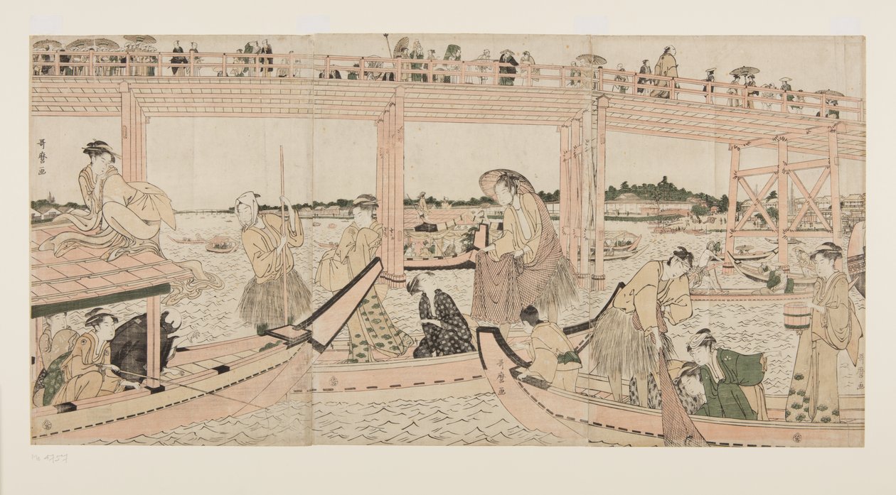Fiskerbåde med net under Ry?goku-broen (tryk i farvet træblok) af Kitagawa Utamaro