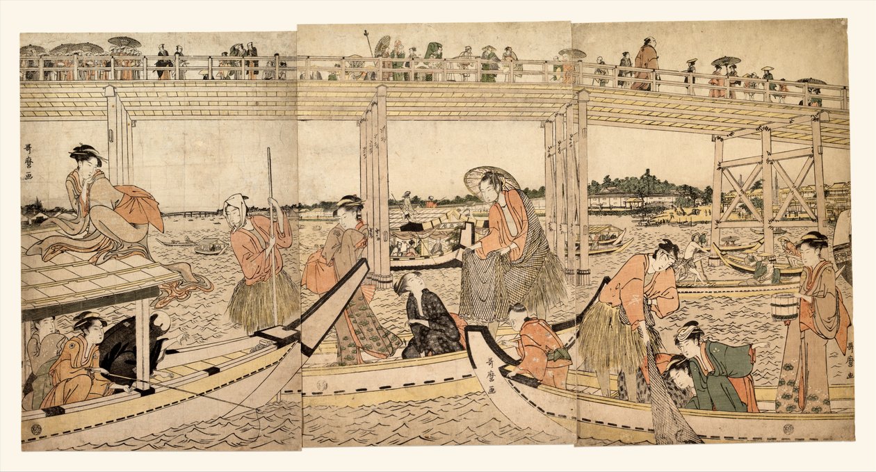 Fiskebåde med net under Ryōgoku-broen af Kitagawa Utamaro
