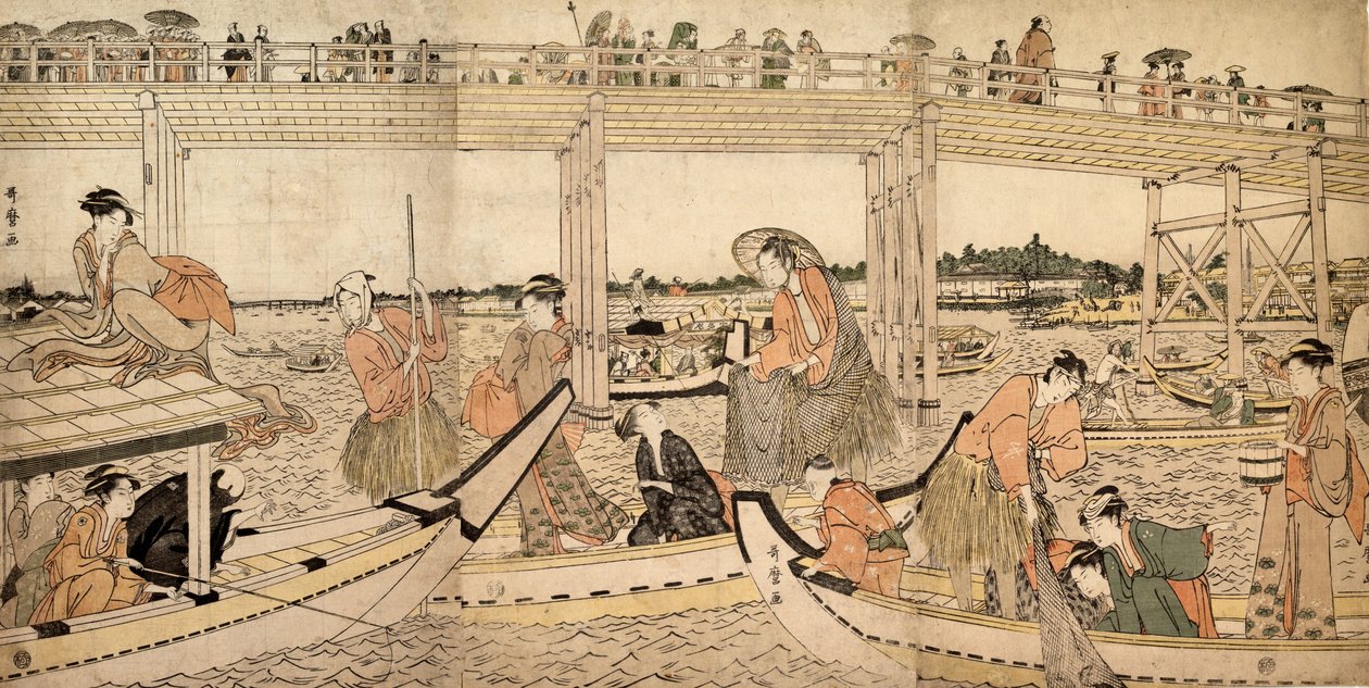 Fiskerbåde med net under Ryogoku-broen, 1790