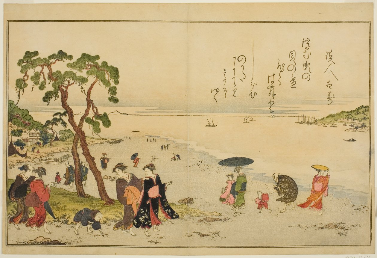 Samler skaller ved lavvande, fra den illustrerede bog "Gaver fra Ebbe Tide (Shiohi no tsuto)" af Kitagawa Utamaro