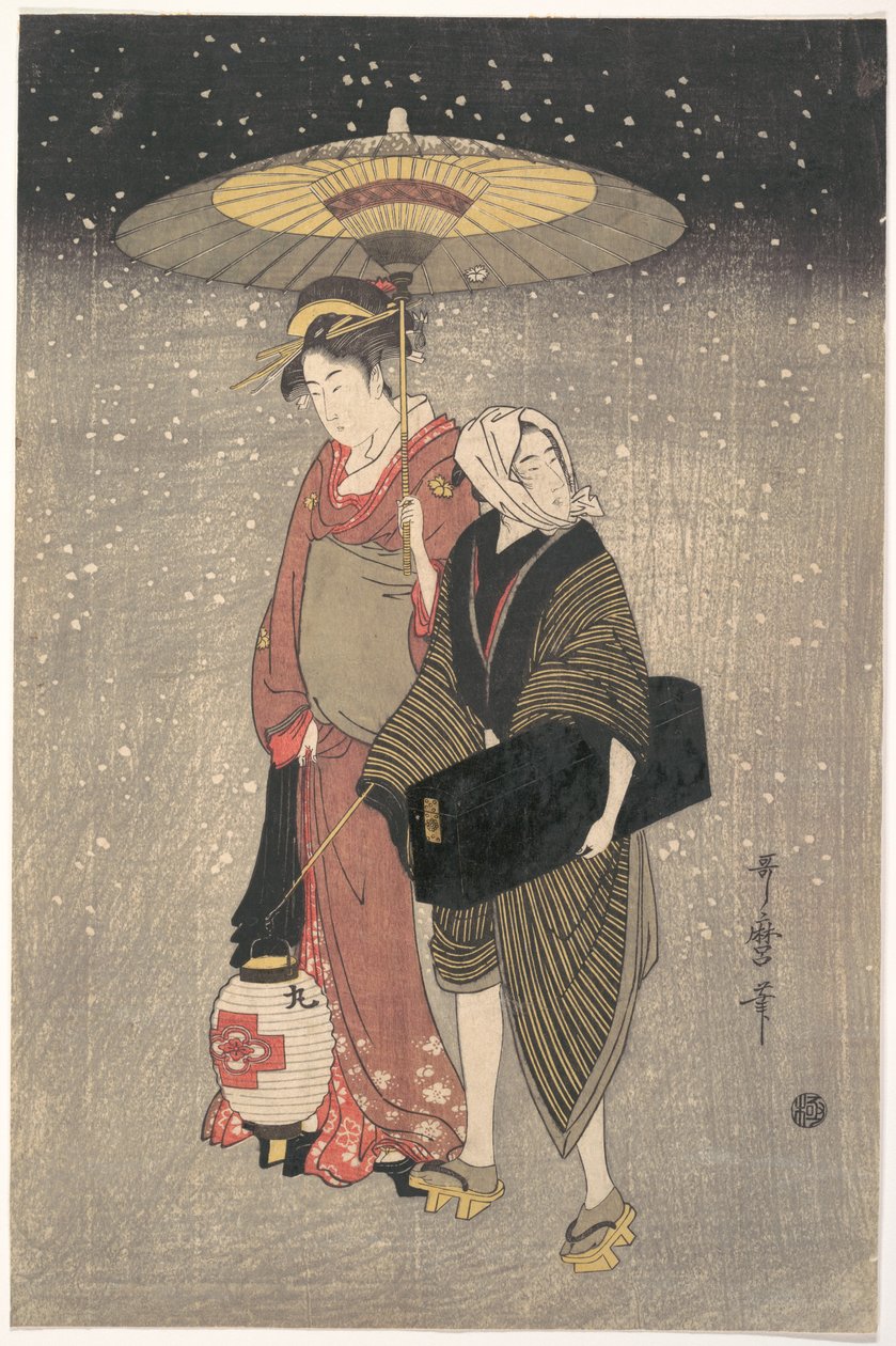 En geisha går gennem sneen om natten af Kitagawa Utamaro