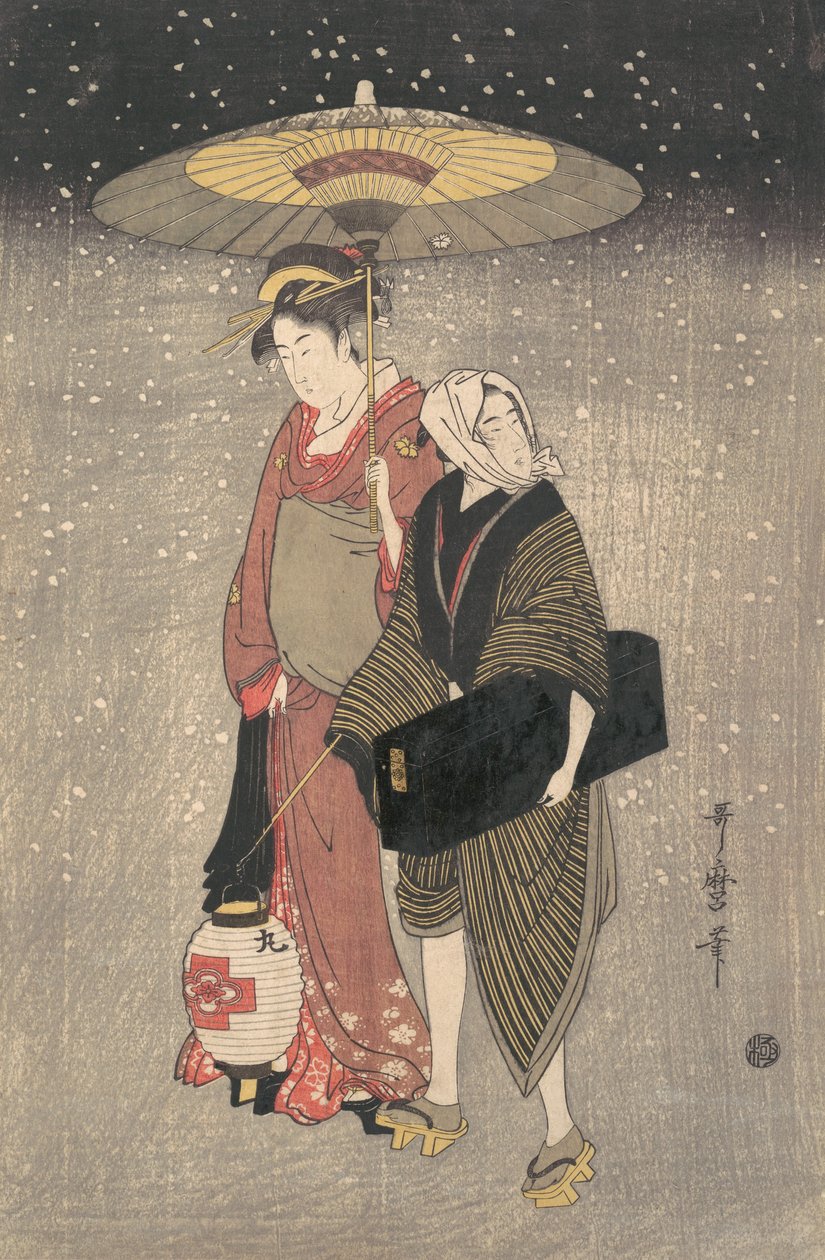 Geisha går gennem sneen om natten, ca. 1797. af Kitagawa Utamaro