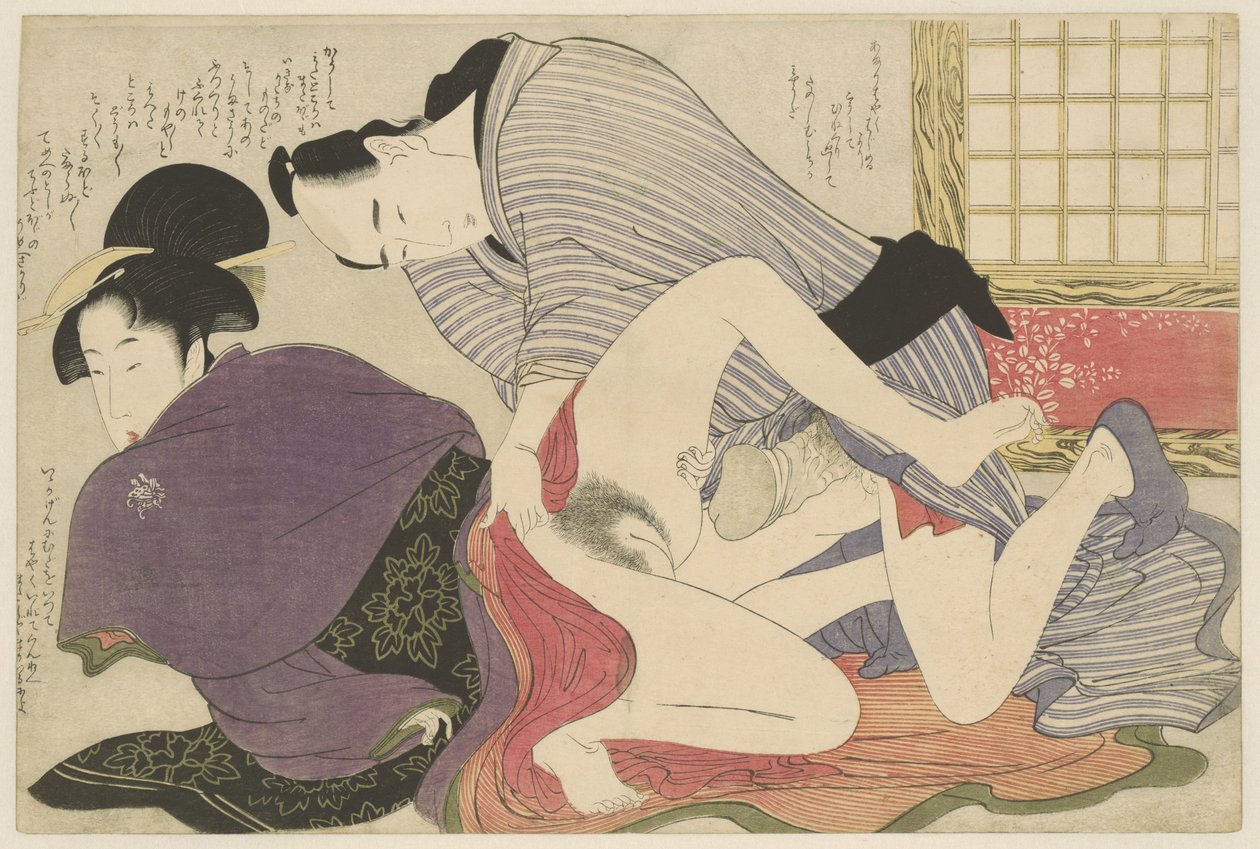 Geisha og elsker ved fritstående foldeskærm Negai no itoguchi (serietitel) af Kitagawa Utamaro