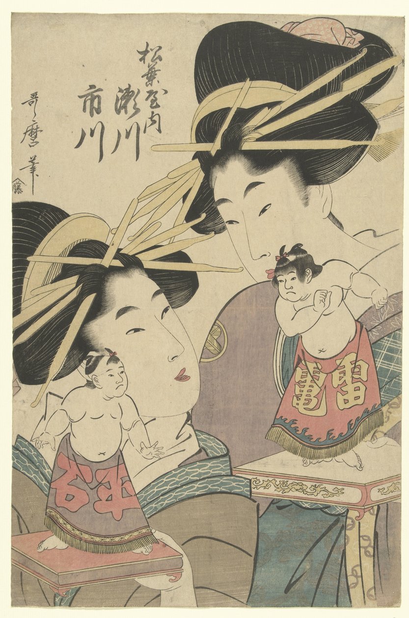 Geishaer med sumo dukker af Kitagawa Utamaro