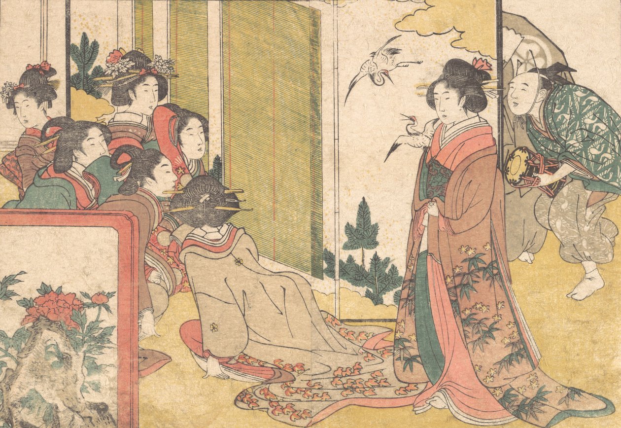 Piger underholdt af kunstnere, fra den illustrerede bog Flowers of the Four Seasons, 1801. af Kitagawa Utamaro
