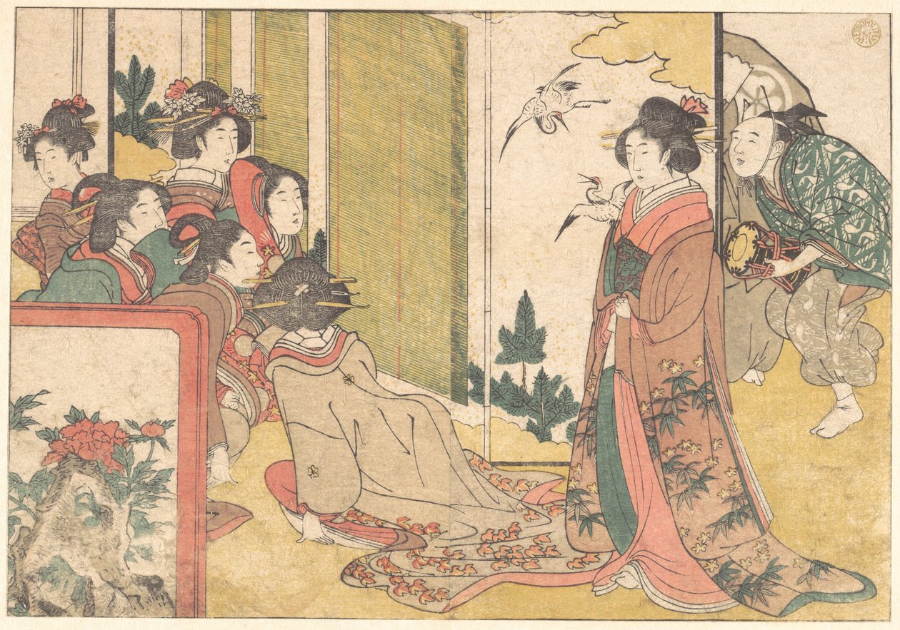Piger underholdt af optrædende, fra den illustrerede bog «Blomster i de fire årstider» af Kitagawa Utamaro