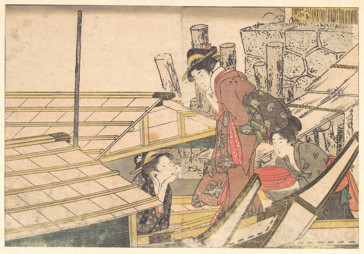 Piger, der går om bord på en båd, fra den illustrerede bog »Årets fire årstider« af Kitagawa Utamaro