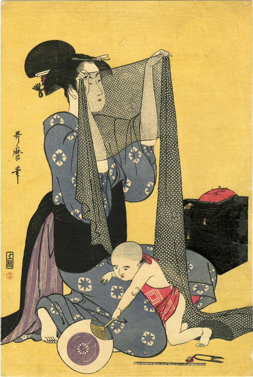 Hari-shigoto håndarbejde. Triptykon, venstre del, 1795. af Kitagawa Utamaro