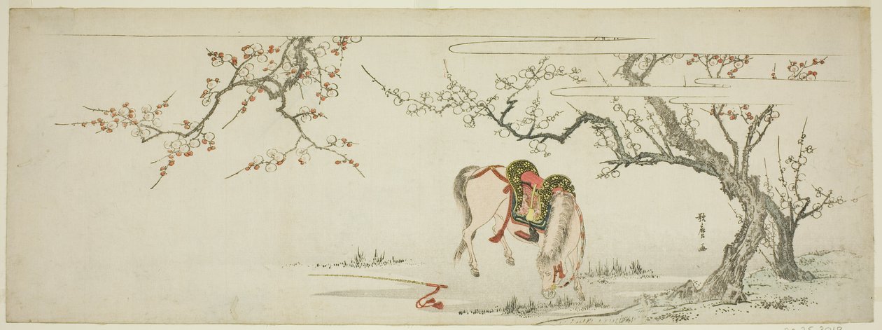 Hest under et blomstrende blommetræ af Kitagawa Utamaro